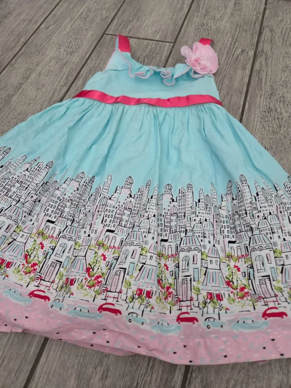 Jessica Ann Toddler Girls City Print Aqua Pink Sleeveless Dress Size 2T
